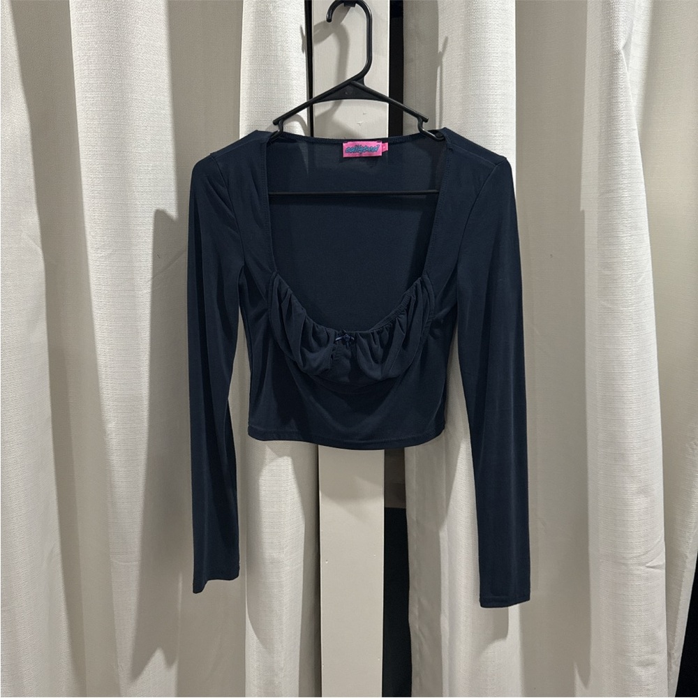 Elegant Navy Blue Long Sleeve Women's Top